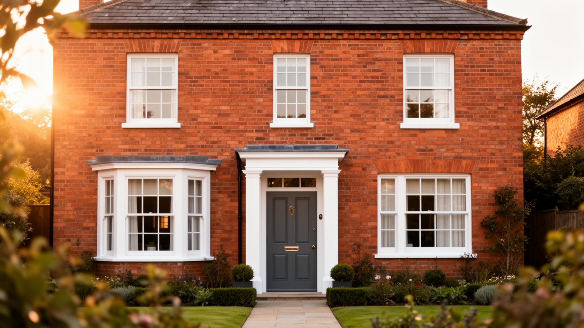 A traditional red-brick home with crisp white windows and an anthracite front door at golden hour